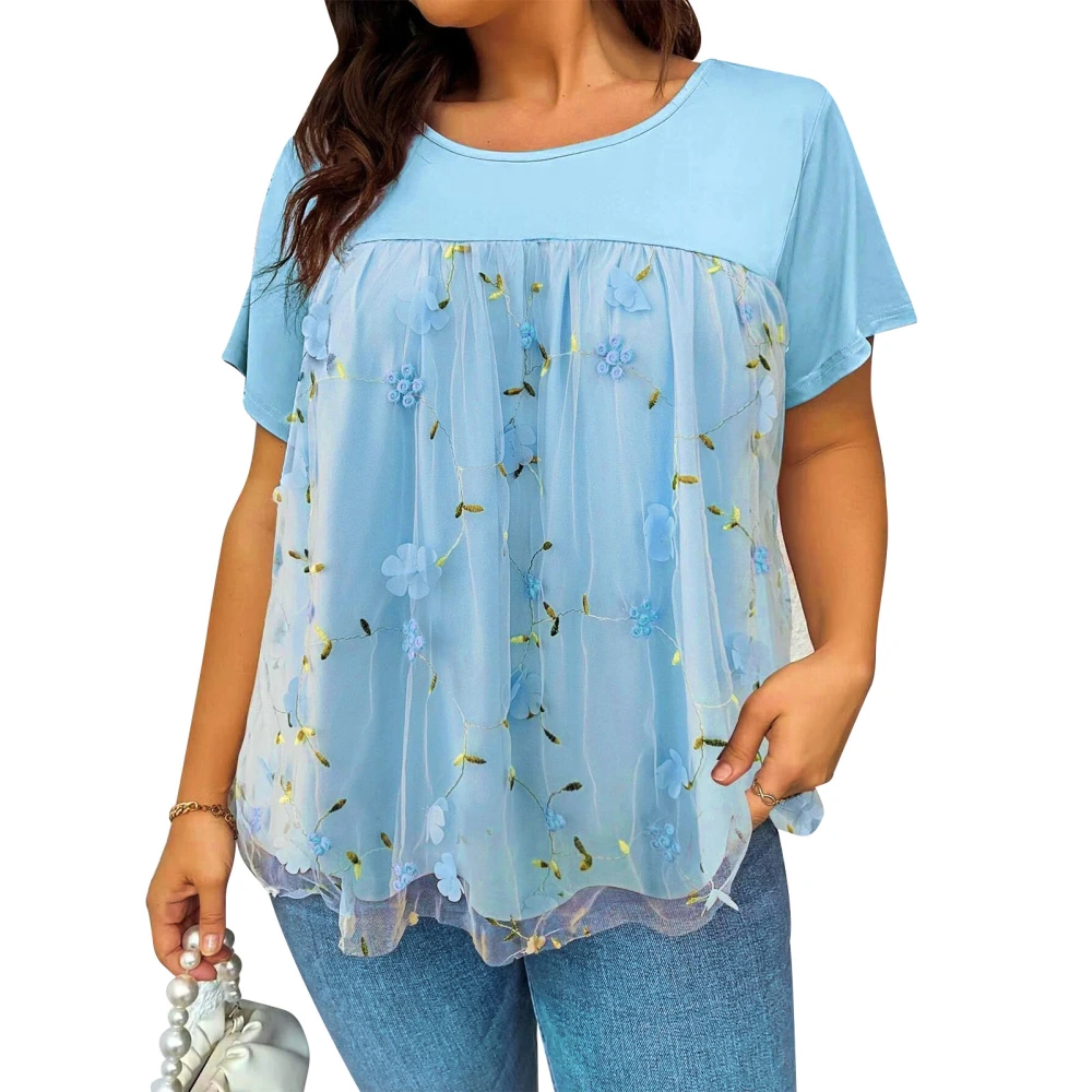 Lace Crewneck Oversized Blouse Double Layer Lace Short Sleeve Oversized Blouse for Women Lady Girl Light Blue 4XL