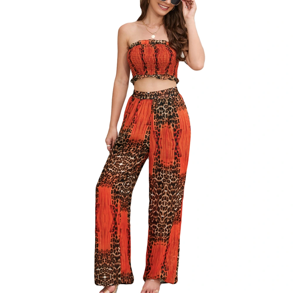 Tube Top Pants Set Removable Halter Neck Elastic Waist Wide Leg Print Casual 2 Piece Outfit for Shopping Party Orange XL