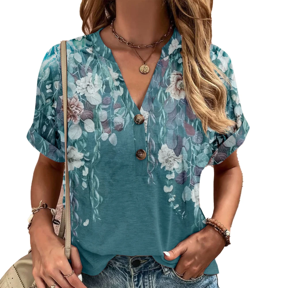 Women V Neck Short Sleeved T Shirt Fashion Printed Button Printed Short Sleeve Blouse Top Purple M