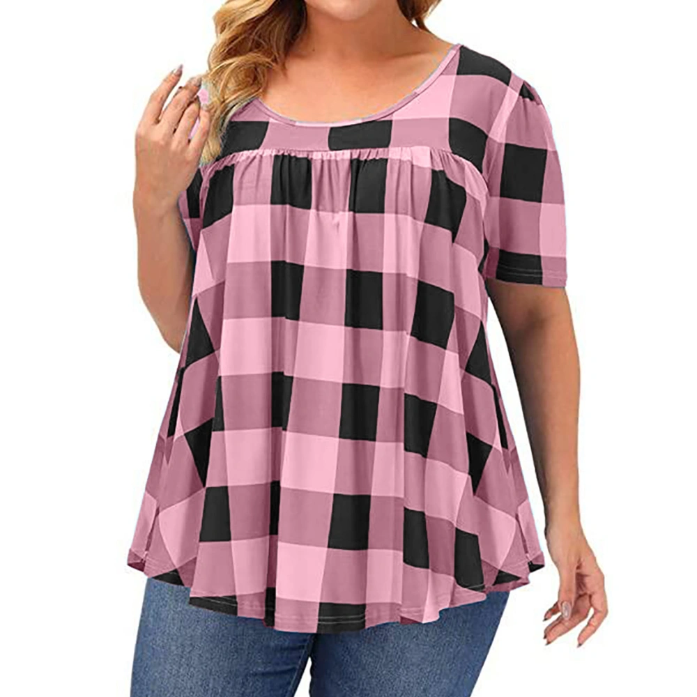 Women Short Sleeve T Shirt Crewneck Print Fashionable Casual Loose Female Plaid Printed Round Neck T Shirt Pink 2XL