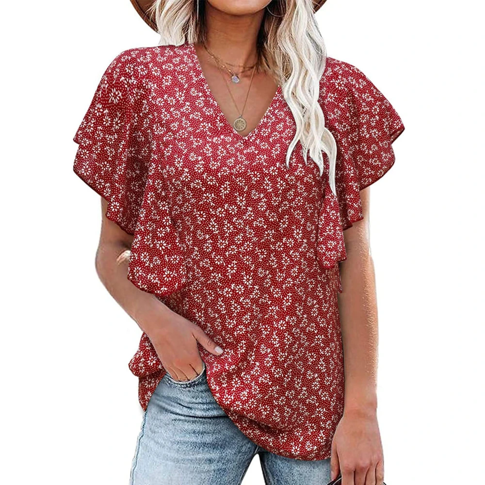 Women V Neck Top Short Ruffle Sleeves Loose Fitting Summer Casual T Shirt for Daily Wear Red Floral Print XXL