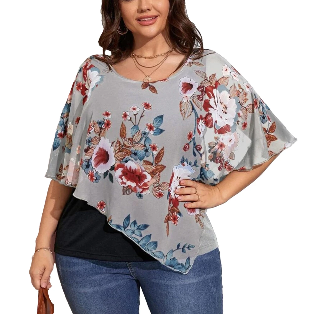 Print Casual Shawl Top Round Neck Asymmetrical Breathable Chiffon Shawl Blouse for Party Shopping Travel Grey 4XL