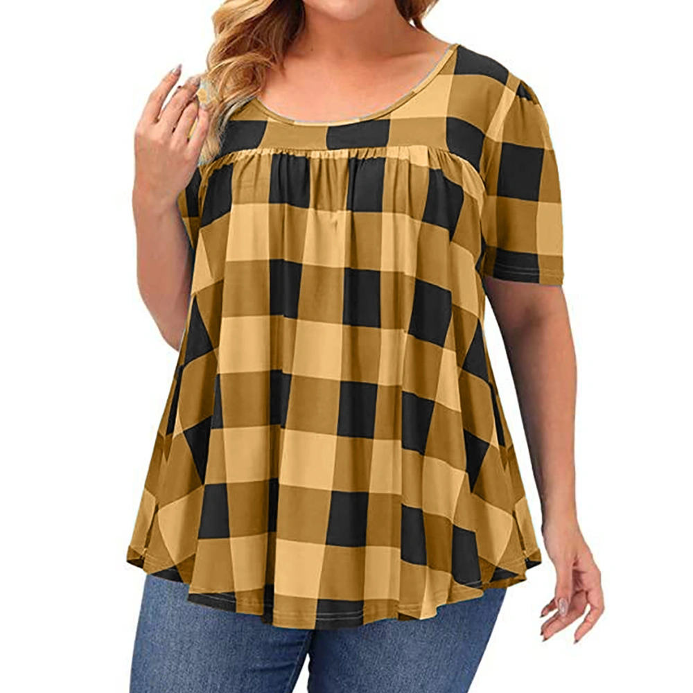 Women Short Sleeve T Shirt Crewneck Print Fashionable Casual Loose Female Plaid Printed Round Neck T Shirt Yellow XL