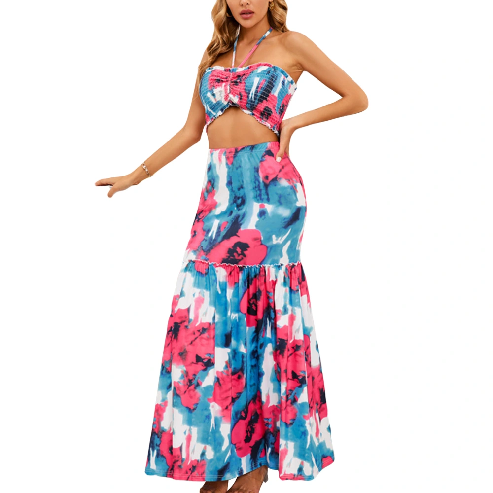 Women Long Skirt Set Halter Short Tank Top Floral Print Shirred Skirt 2 Pieces Long Skirt for Summer Beach Red S