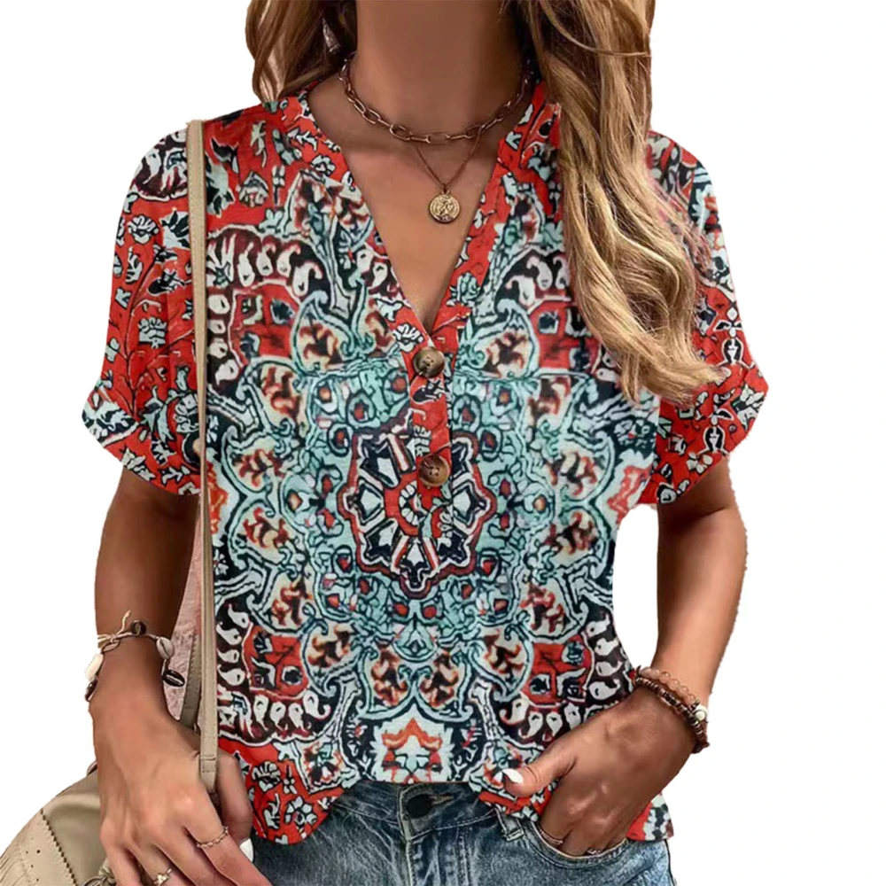 Women V Neck Short Sleeved T Shirt Fashion Printed Button Printed Short Sleeve Blouse Top Flower Red S