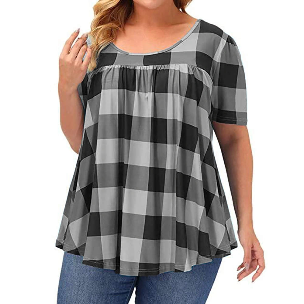 Women Short Sleeve T Shirt Crewneck Print Fashionable Casual Loose Female Plaid Printed Round Neck T Shirt Gray 2XL