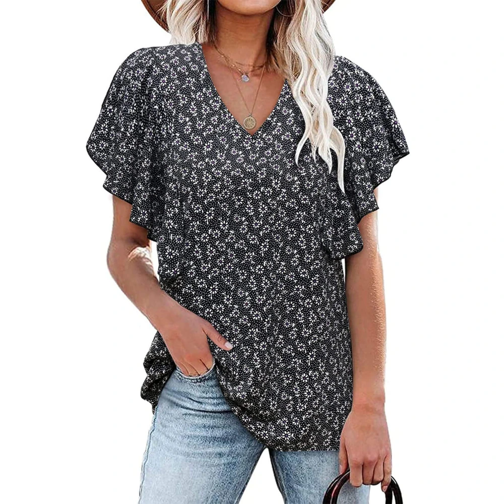 Women V Neck Top Short Ruffle Sleeves Loose Fitting Summer Casual T Shirt for Daily Wear Black Floral Print XXL