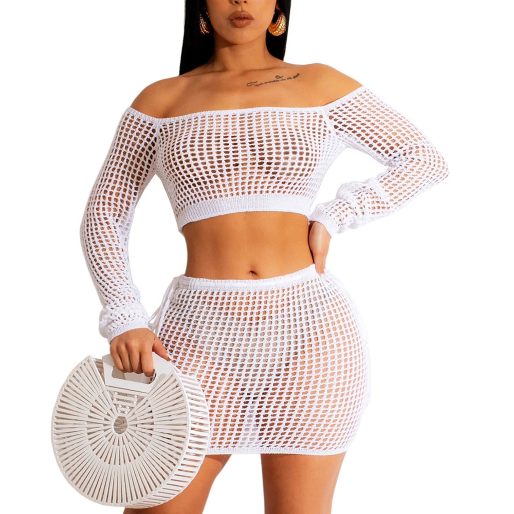 Women 2 Piece Outfit Set Hollow Out Knit Set with Off Shoulder Long Sleeve Short Top Short Skirt White XL