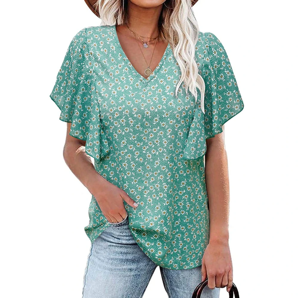 Women V Neck Top Short Ruffle Sleeves Loose Fitting Summer Casual T Shirt for Daily Wear Blue Floral Print L