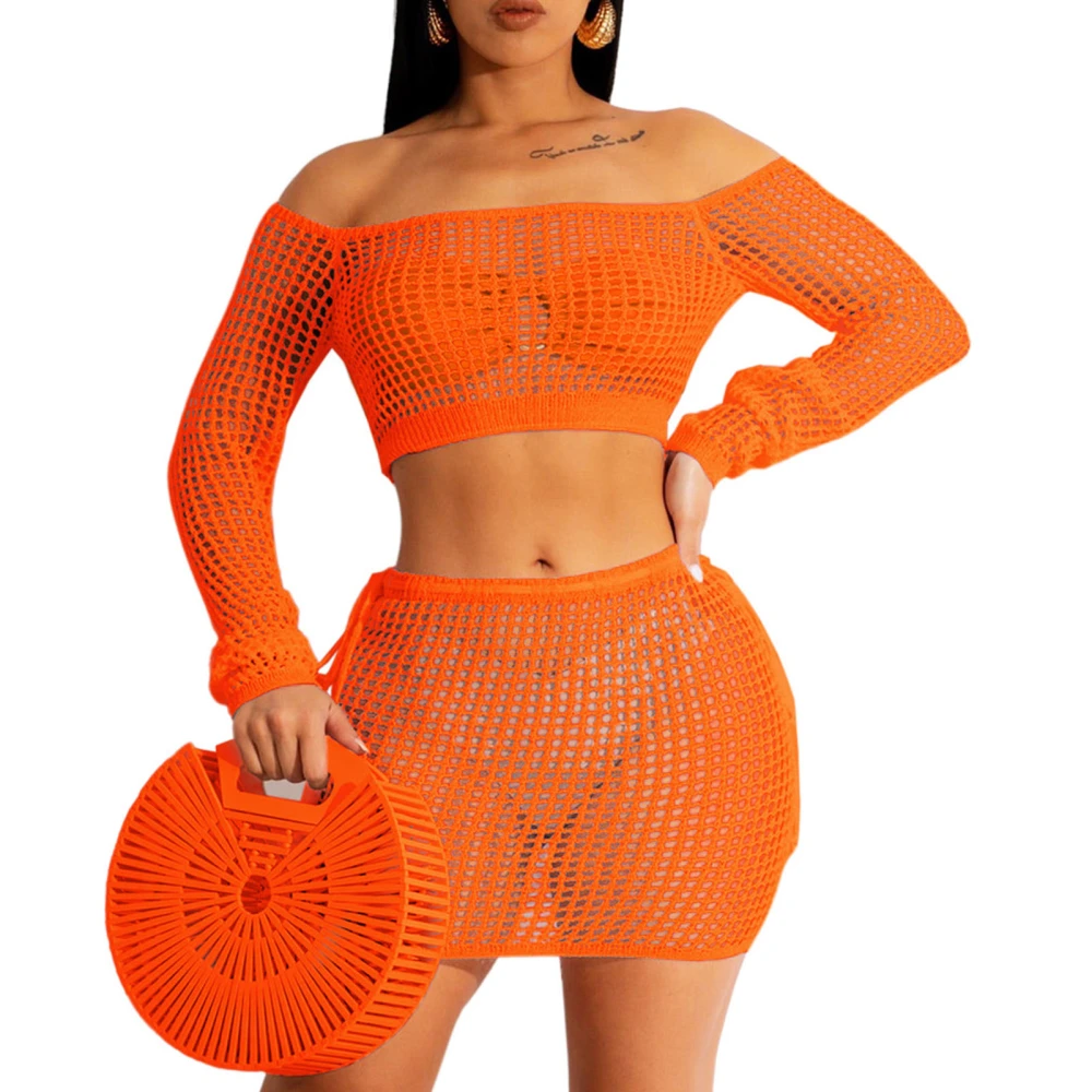 Women 2 Piece Outfit Set Hollow Out Knit Set with Off Shoulder Long Sleeve Short Top Short Skirt Orange S