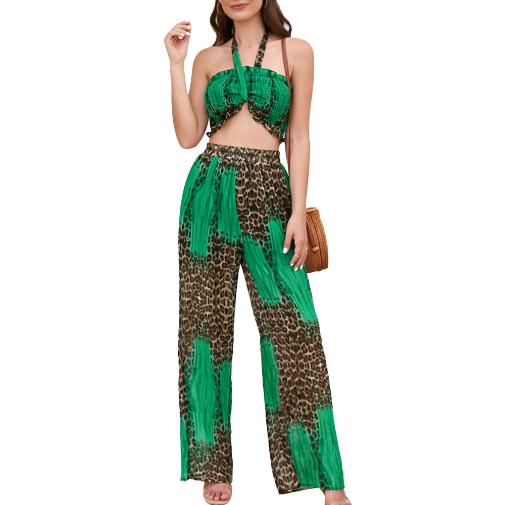 Tube Top Pants Set Removable Halter Neck Elastic Waist Wide Leg Print Casual 2 Piece Outfit for Shopping Party Green S