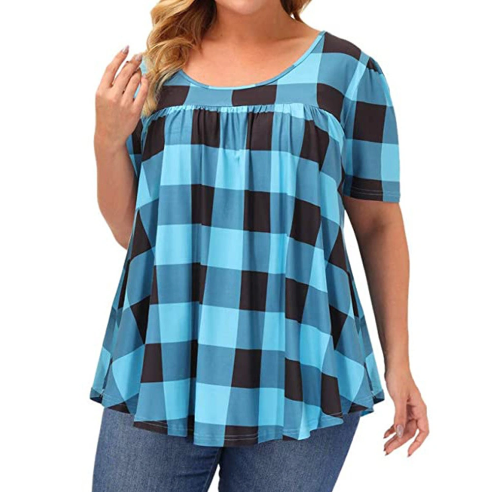 Women Short Sleeve T Shirt Crewneck Print Fashionable Casual Loose Female Plaid Printed Round Neck T Shirt Sky Blue XL