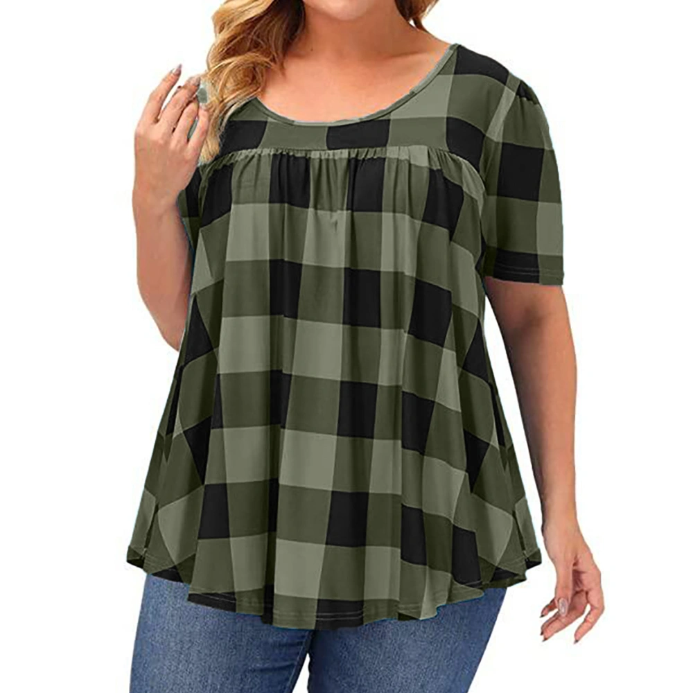 Women Short Sleeve T Shirt Crewneck Print Fashionable Casual Loose Female Plaid Printed Round Neck T Shirt OD Green 2XL