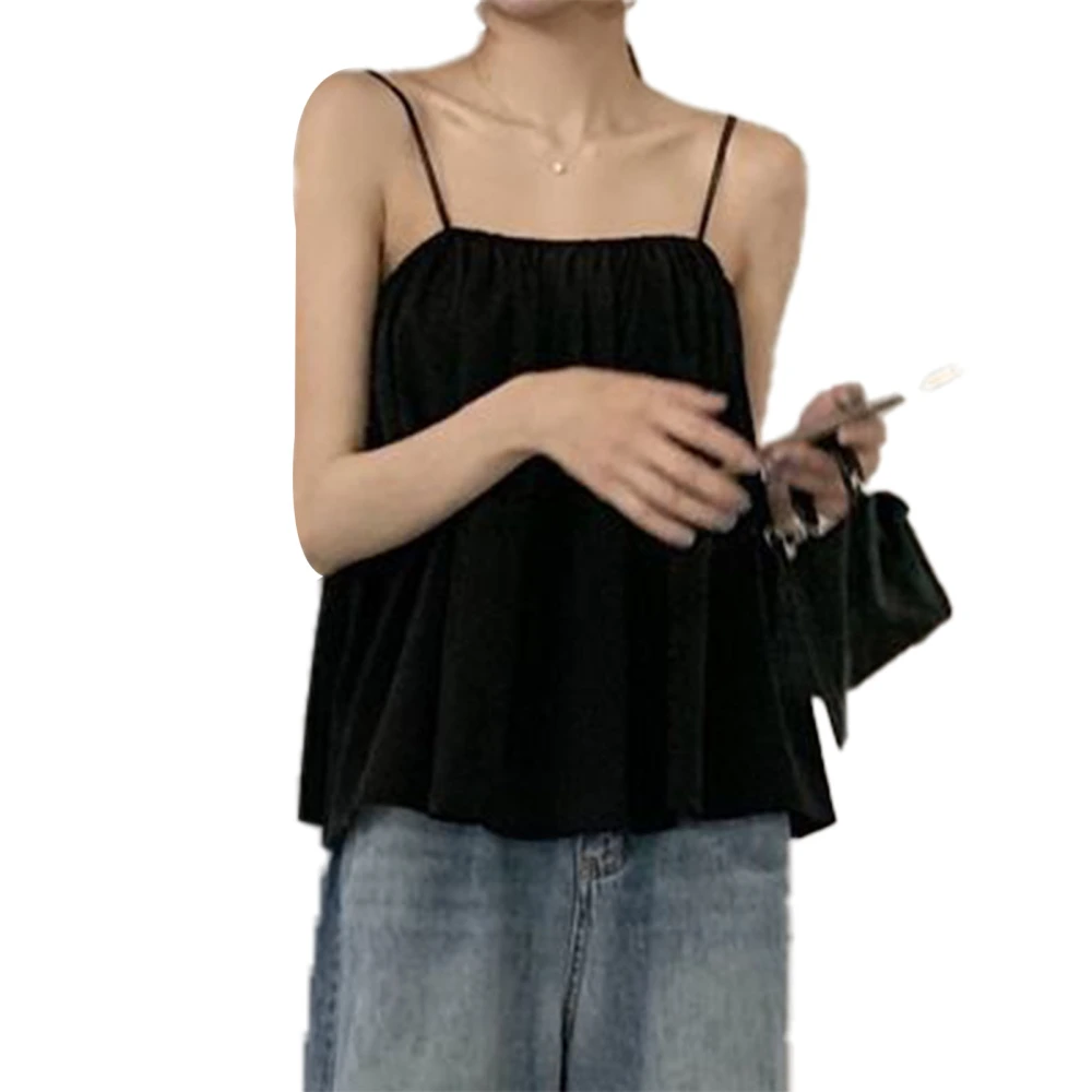 Women Spaghetti Strap Tank Tops Summer Fashionable Casual Loose Women Sleeveless Tank Tops for Daily Date Work Party Black L