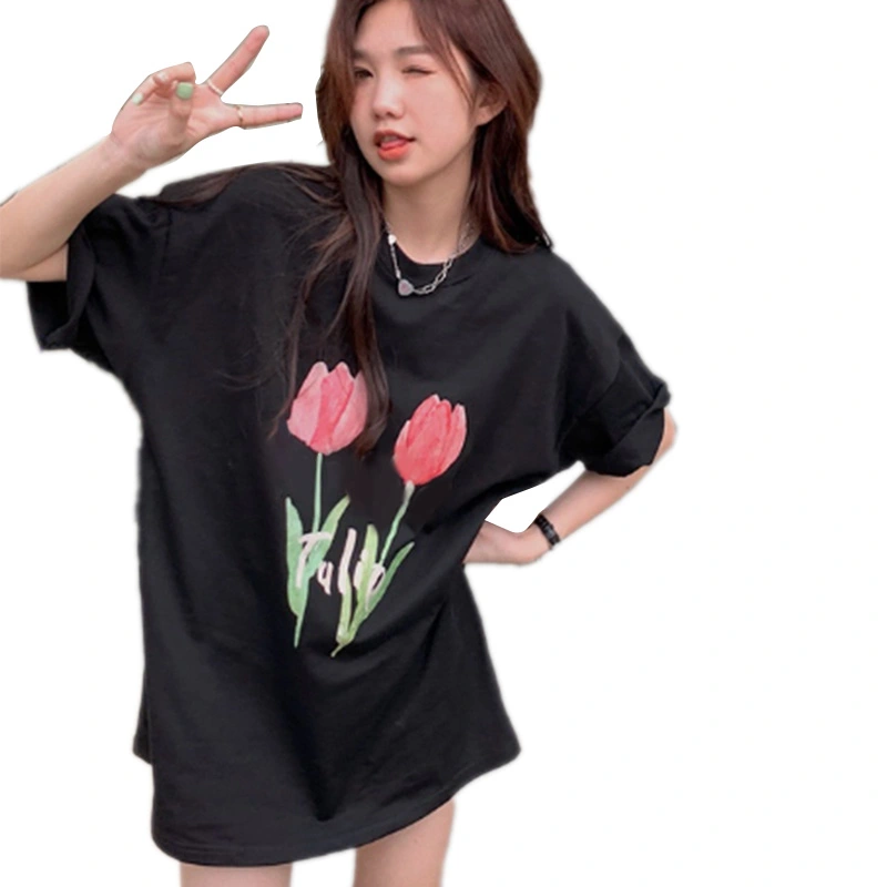 Graphic Tees Tops for Women Round Neck Casual Short Sleeve Top for Teenager Girls Black L