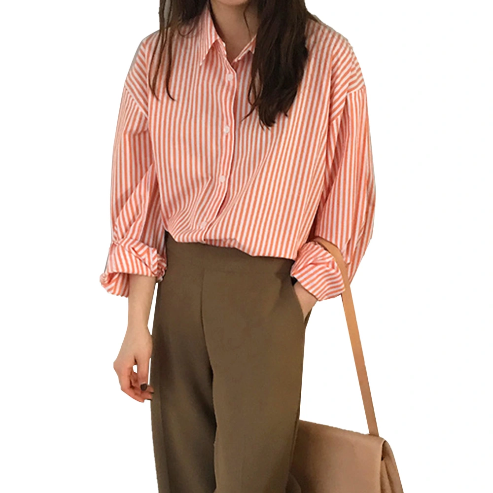 Long Sleeve Blouse Turndown Collar Stripe Thin Shirt Women Casual Shirt for All Seasons Orange L