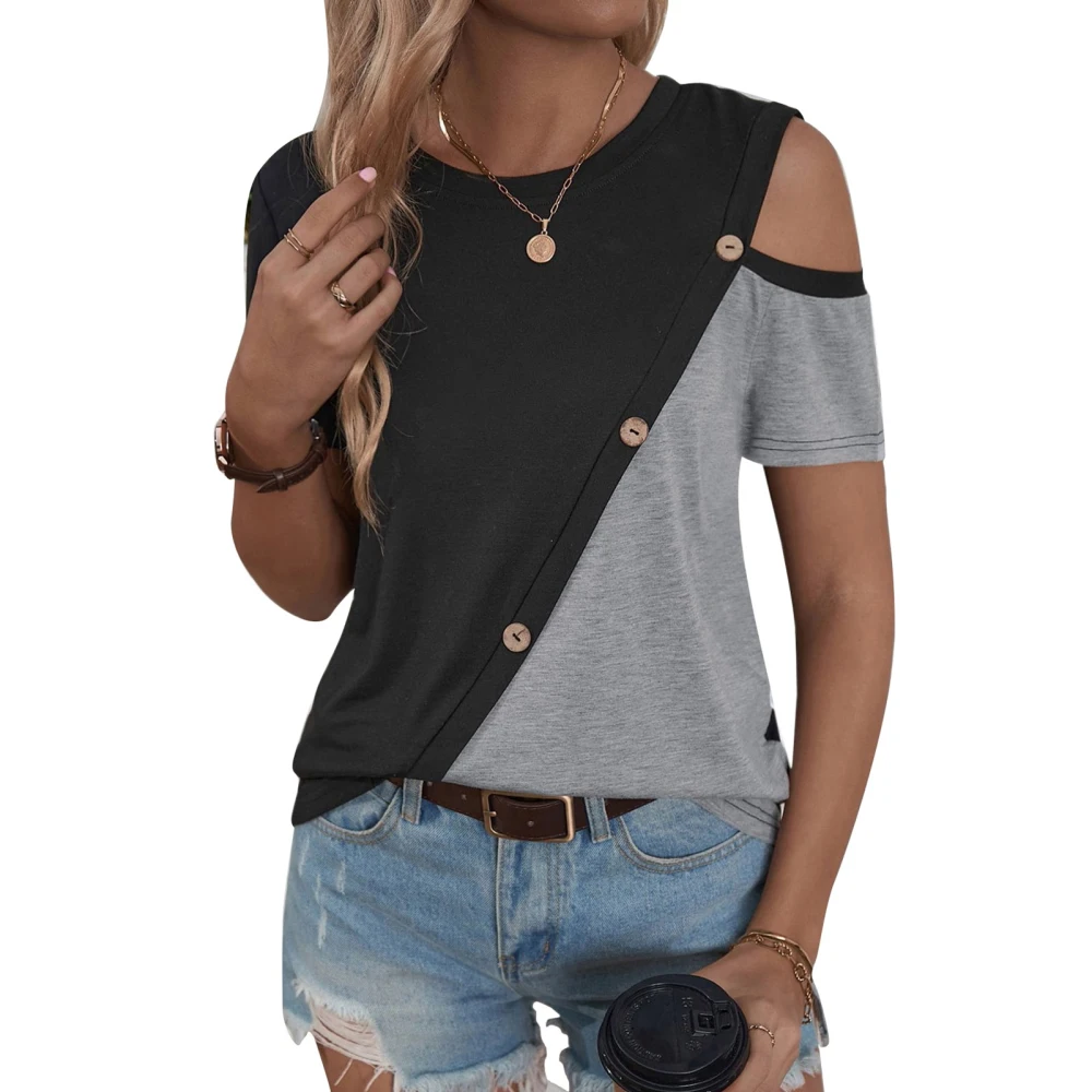 Women Short Sleeves Top Single Cold Shoulder Color Contrast Button Trim Loose Type Casual T Shirt Grey S