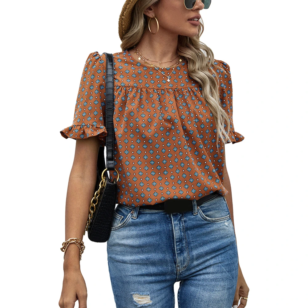 Women Ruffled Short Sleeve Shirt Flower Printed Round Neck Blouse for Party Shopping Leisure Travel Outdoors Brown XL