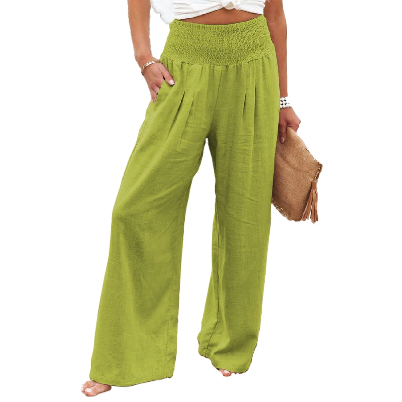 Women Wide Leg Pants Elastic High Waist Pure Color Casual Lady Trousers for Daily Dating Beach Fluorescent Green L