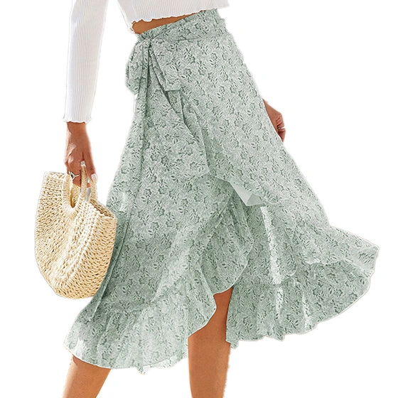 Women Tie Wrap Skirt Floral Print Ruffle Trim Split Design Mid Length Flowy Hem Summer Skirt with Lining Green L