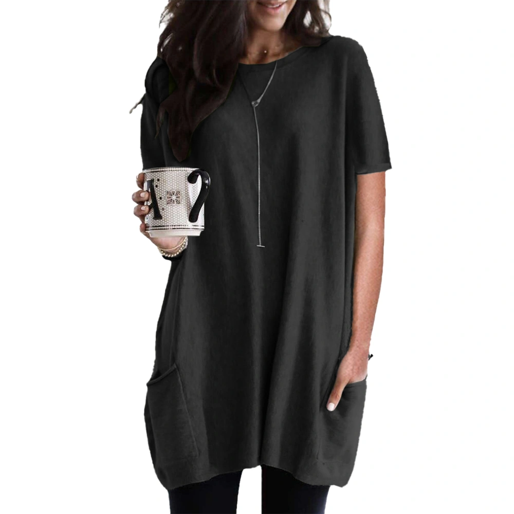 Women Long Top Loose Casual Short Sleeve Round Neck Long T Shirt with Pockets for Female Black XXL