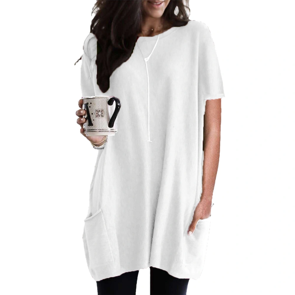 Women Long Top Loose Casual Short Sleeve Round Neck Long T Shirt with Pockets for Female White L