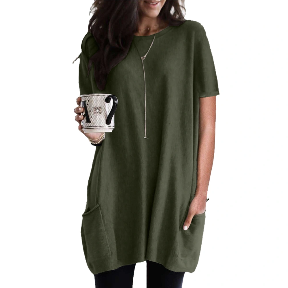 Women Long Top Loose Casual Short Sleeve Round Neck Long T Shirt with Pockets for Female OD Green XL