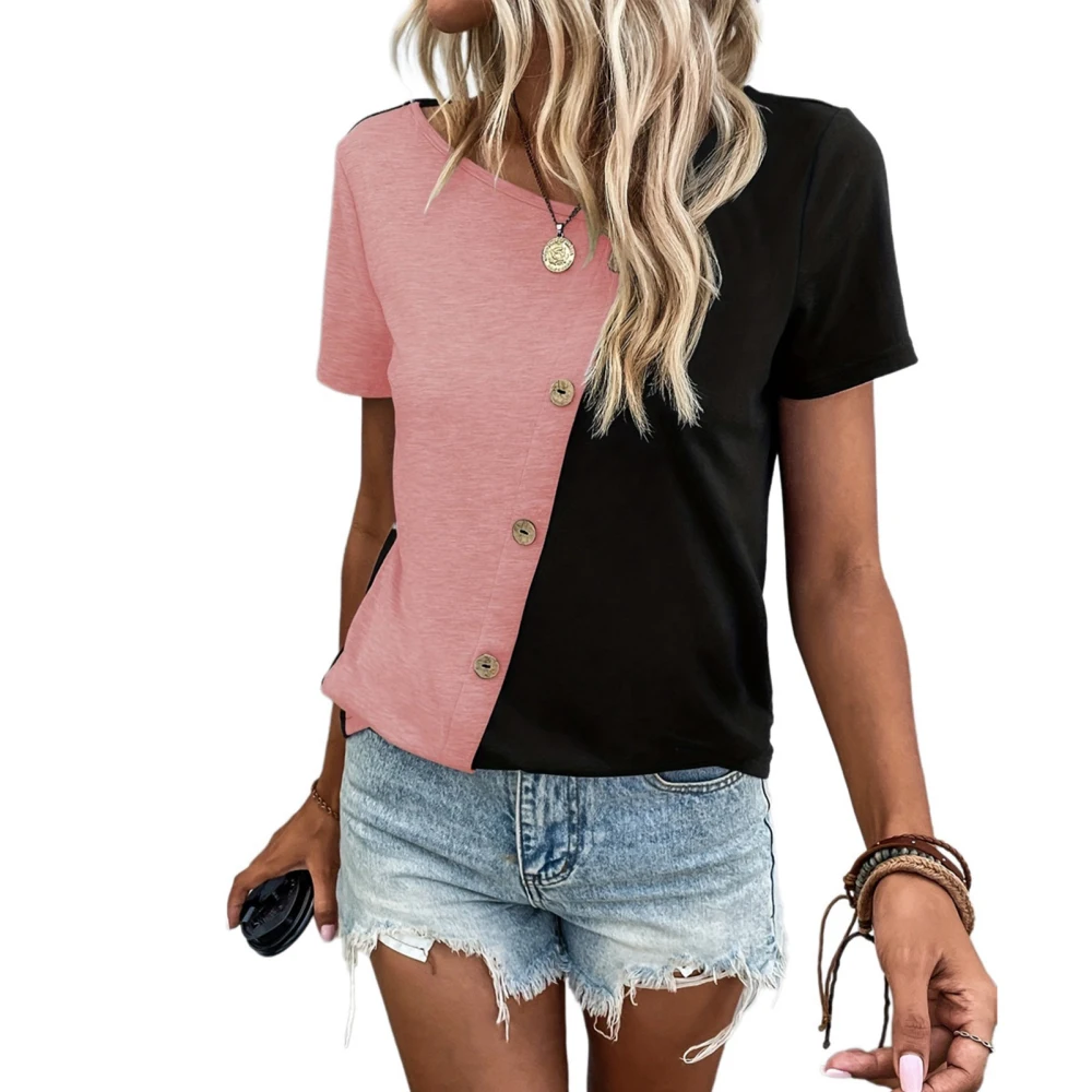 Women Short Sleeve Top Casual Fashionable Color Blocking Round Neck Summer T Shirt with Button Decor for Daily Pink XXL