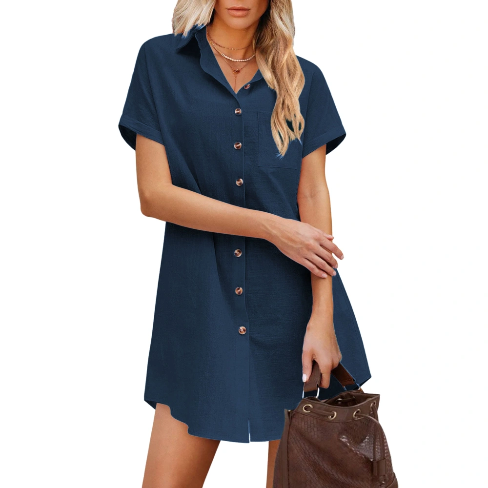 Women Swimsuit Cover Up Beach Plain Color Turn Down Collar Short Sleeve Button Long Shirt with Chest Pocket Navy Blue S