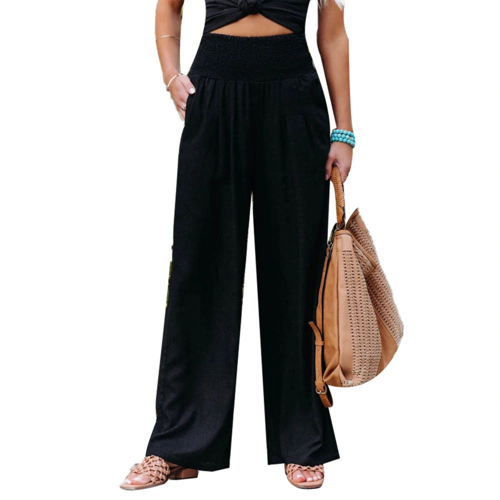 Women Wide Leg Pants Elastic High Waist Pure Color Casual Lady Trousers for Daily Dating Beach Black L