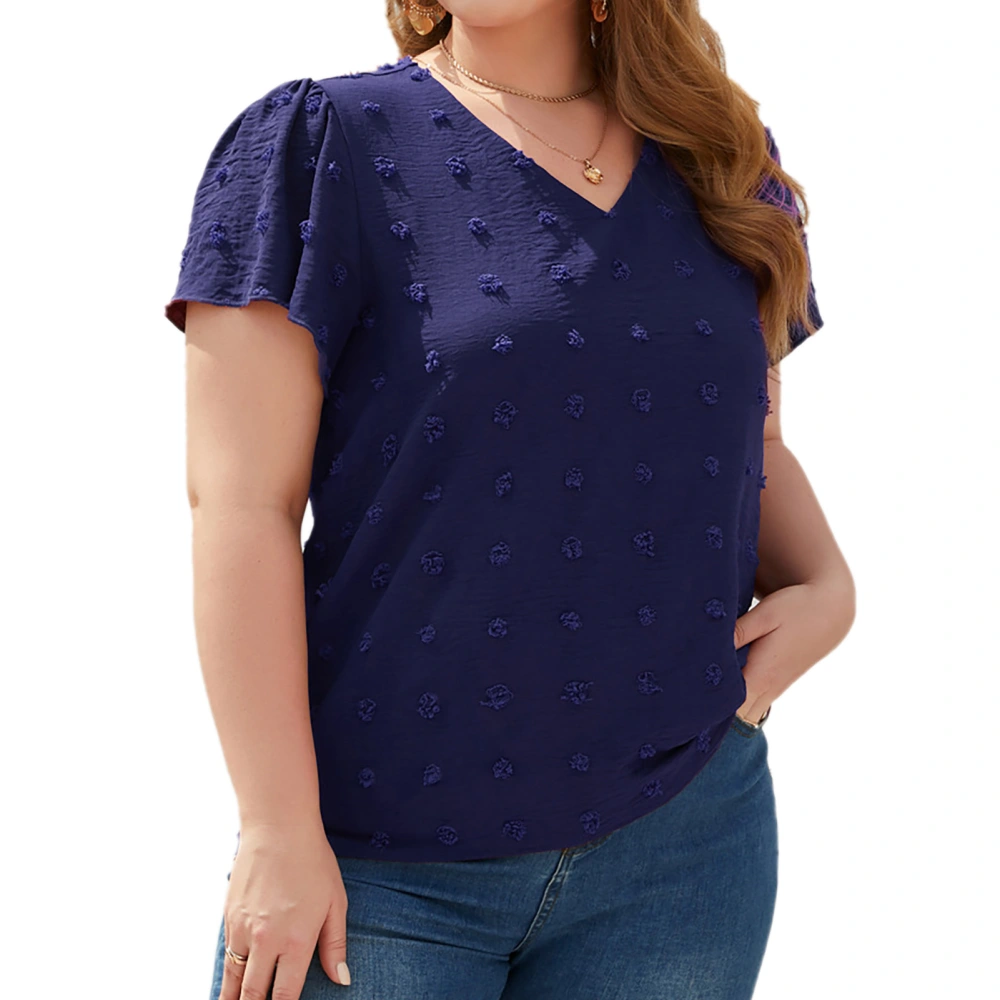 Women Plus Size T Shirt V Neck Jacquard Dot Ruffle Sleeve Casual Loose Fitting Summer Pullover Top Blue 2XL