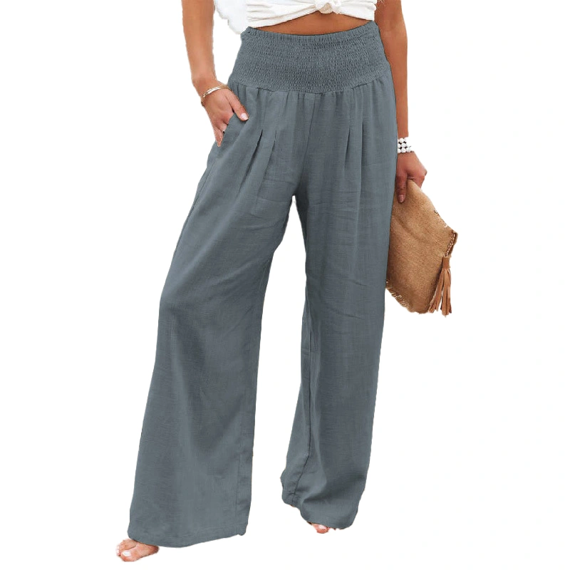 Women Wide Leg Pants Elastic High Waist Pure Color Casual Lady Trousers for Daily Dating Beach Light Gray S