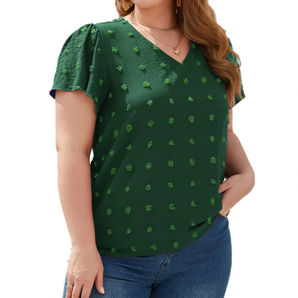 Women Plus Size T Shirt V Neck Jacquard Dot Ruffle Sleeve Casual Loose Fitting Summer Pullover Top Green 3XL