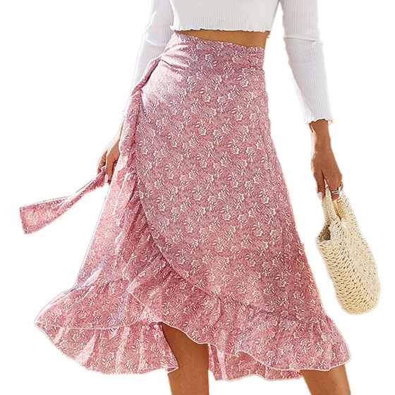 Women Tie Wrap Skirt Floral Print Ruffle Trim Split Design Mid Length Flowy Hem Summer Skirt with Lining Pink XL