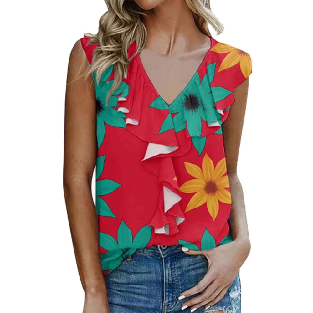 Frill Trim V Neck Tank Top Women Summer Elegant Loose Casual Floral Print Sleeveless Shirt Blouse Red L