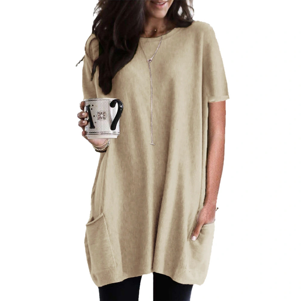 Women Long Top Loose Casual Short Sleeve Round Neck Long T Shirt with Pockets for Female Khaki S