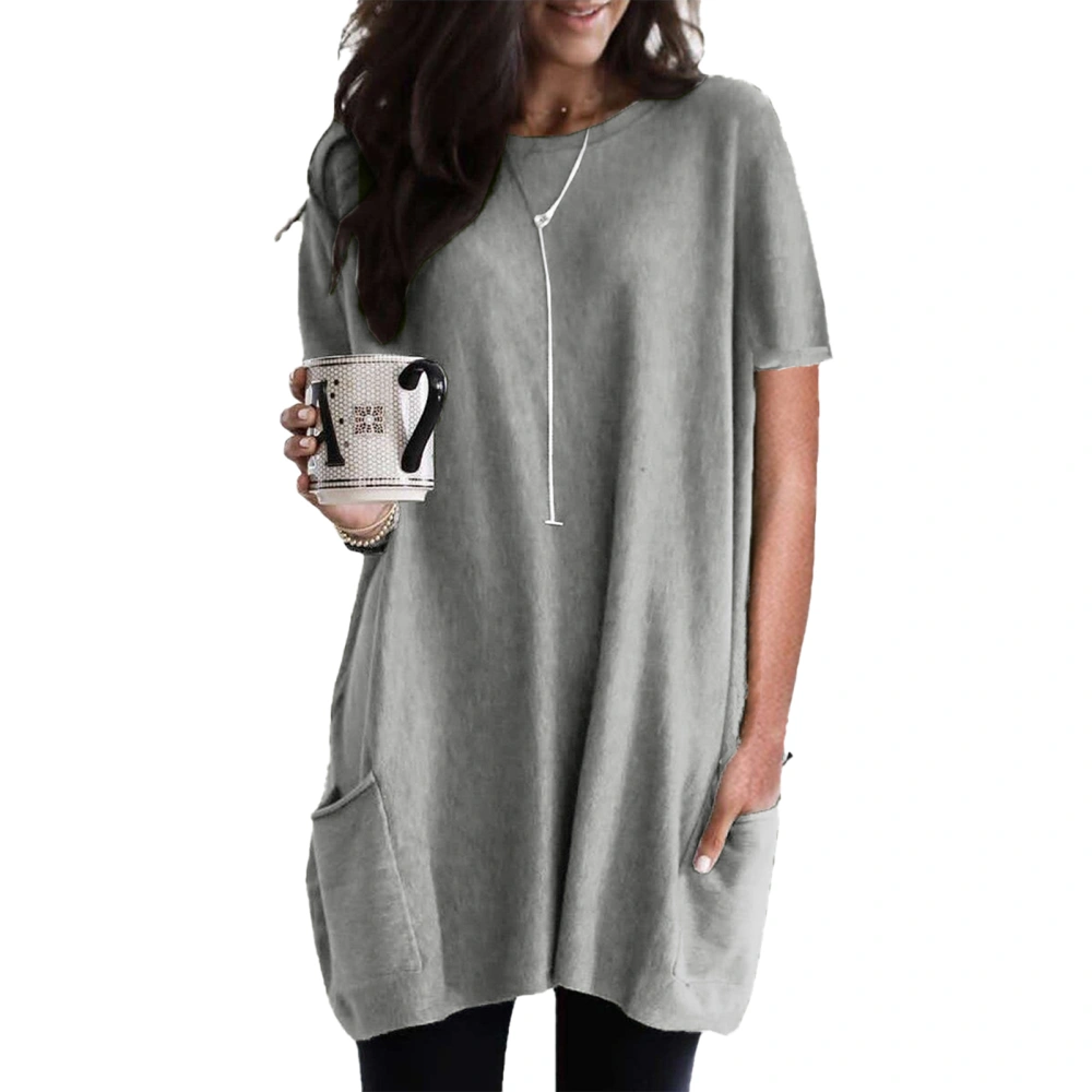 Women Long Top Loose Casual Short Sleeve Round Neck Long T Shirt with Pockets for Female Grey L