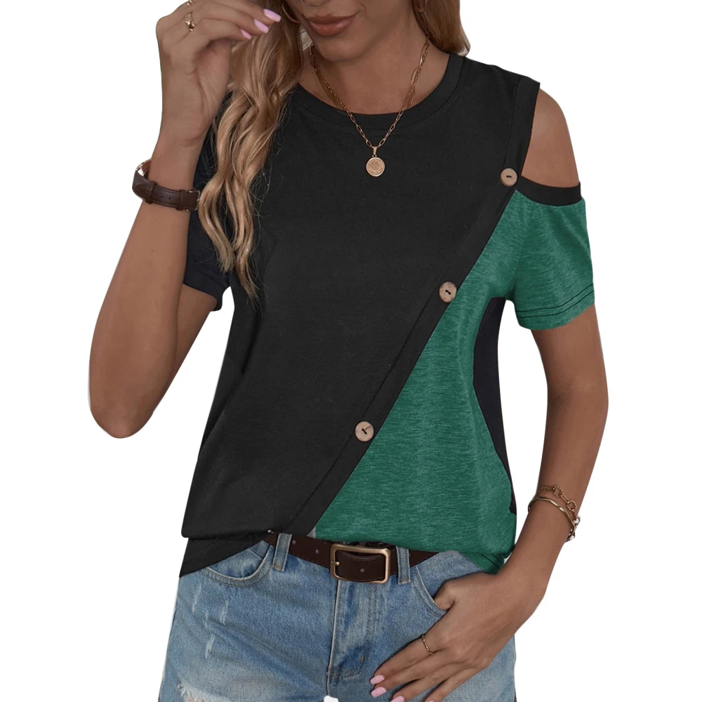 Women Short Sleeves Top Single Cold Shoulder Color Contrast Button Trim Loose Type Casual T Shirt Green S