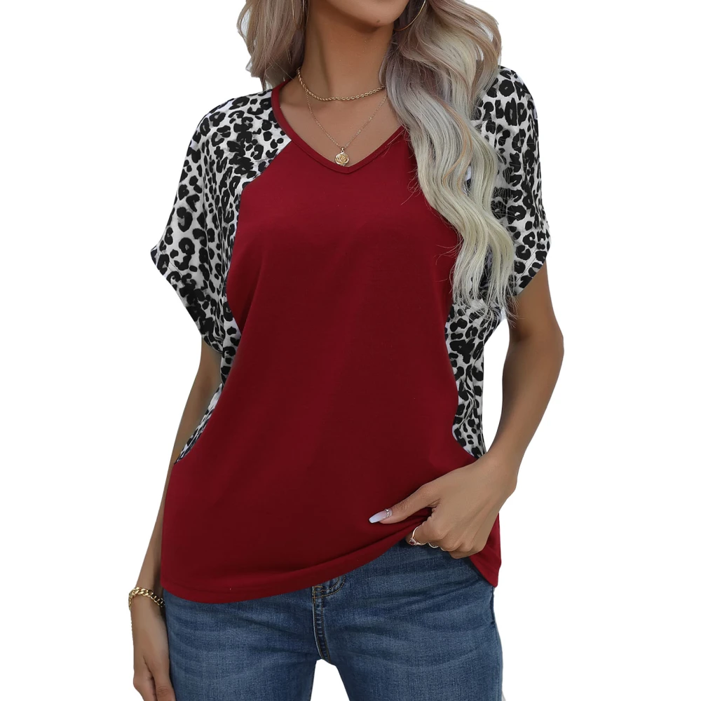 Women T Shirt Leopard Pattern Short Sleeve Top V Neck Casual Top for Indoor Outdoor Wear Wine Red 2XL