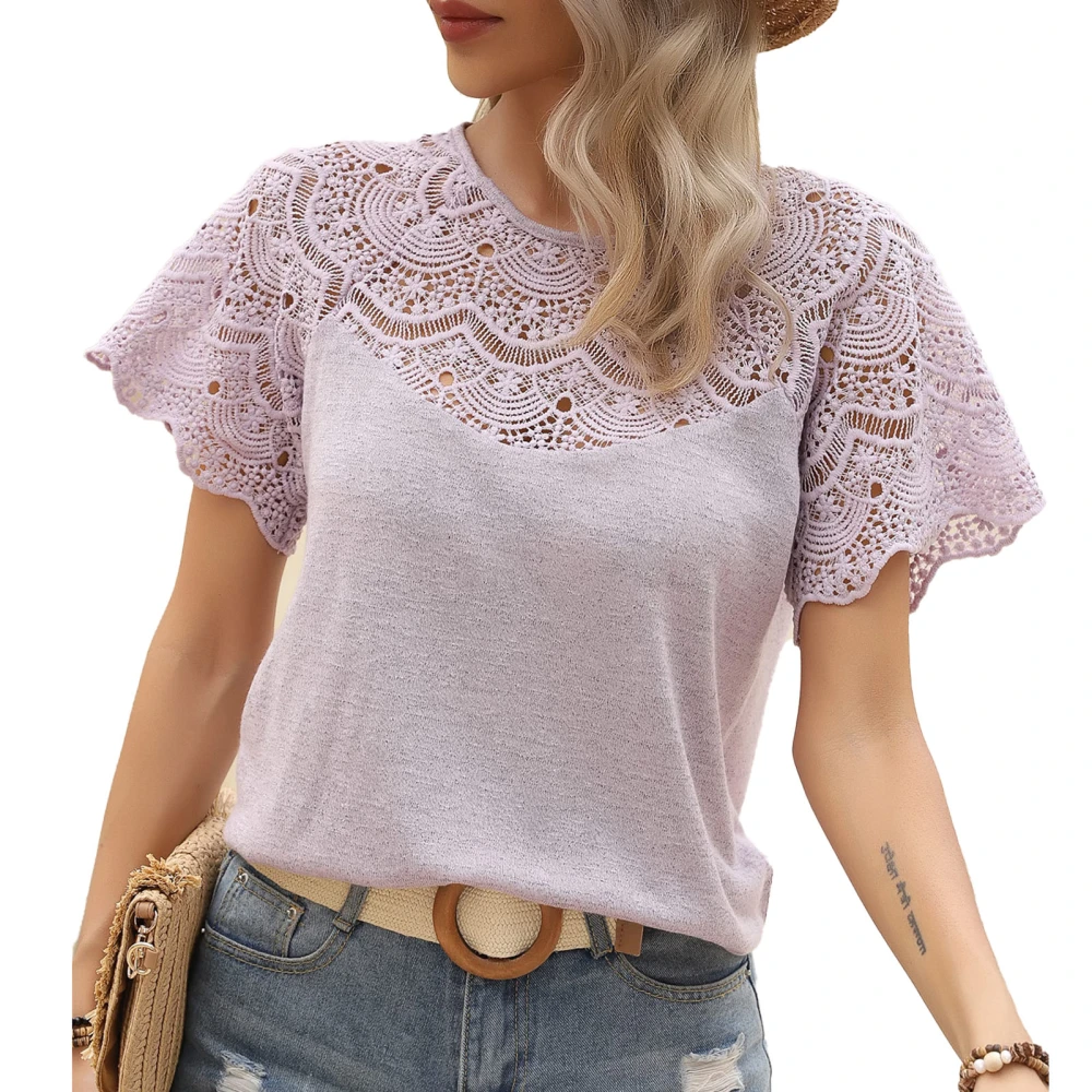 Women T Shirt Crew Neck Short Sleeves Pure Color Lace Stitching for Travel Outdoor Purple 2XL