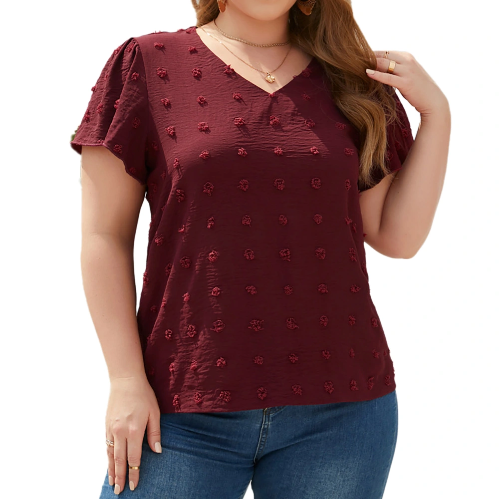 Women Plus Size T Shirt V Neck Jacquard Dot Ruffle Sleeve Casual Loose Fitting Summer Pullover Top Red 2XL