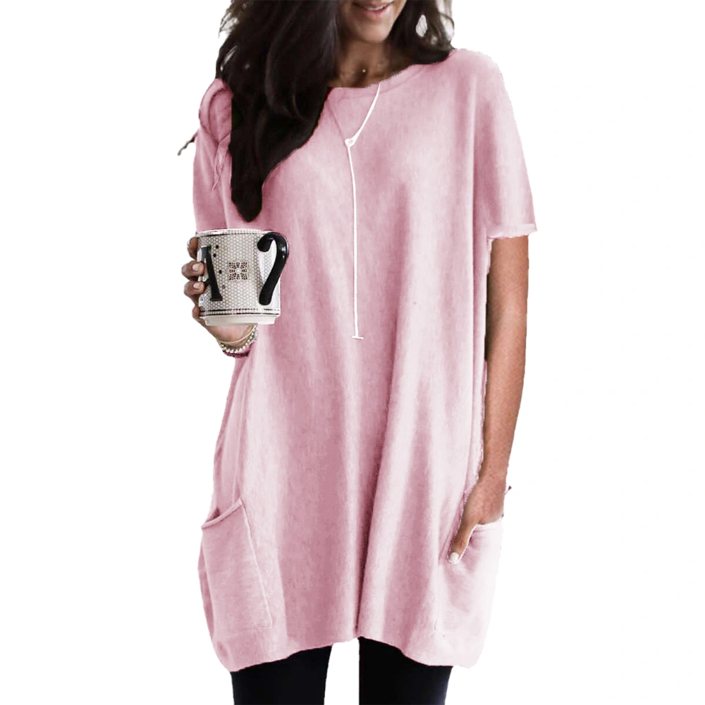 Women Long Top Loose Casual Short Sleeve Round Neck Long T Shirt with Pockets for Female Pink L