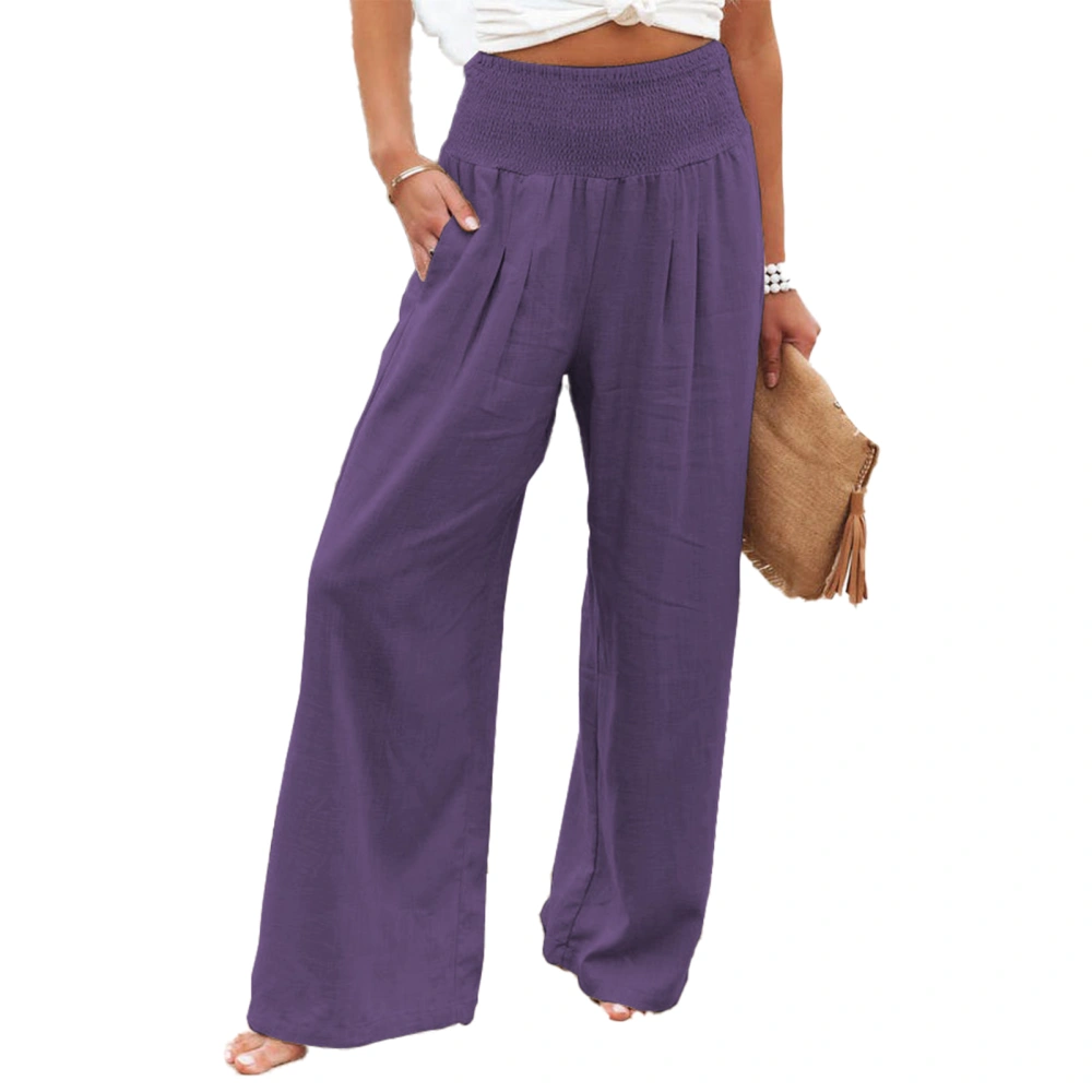 Women Wide Leg Pants Elastic High Waist Pure Color Casual Lady Trousers for Daily Dating Beach Light Purple XL