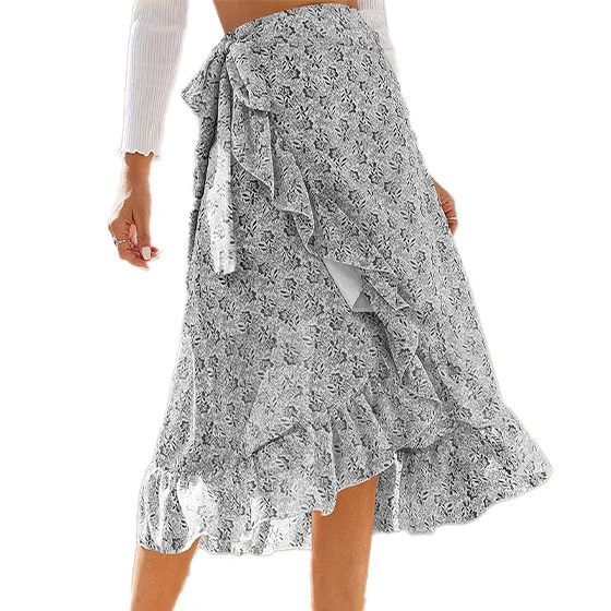 Women Tie Wrap Skirt Floral Print Ruffle Trim Split Design Mid Length Flowy Hem Summer Skirt with Lining White XL