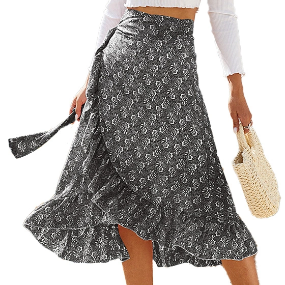 Women Tie Wrap Skirt Floral Print Ruffle Trim Split Design Mid Length Flowy Hem Summer Skirt with Lining Black L