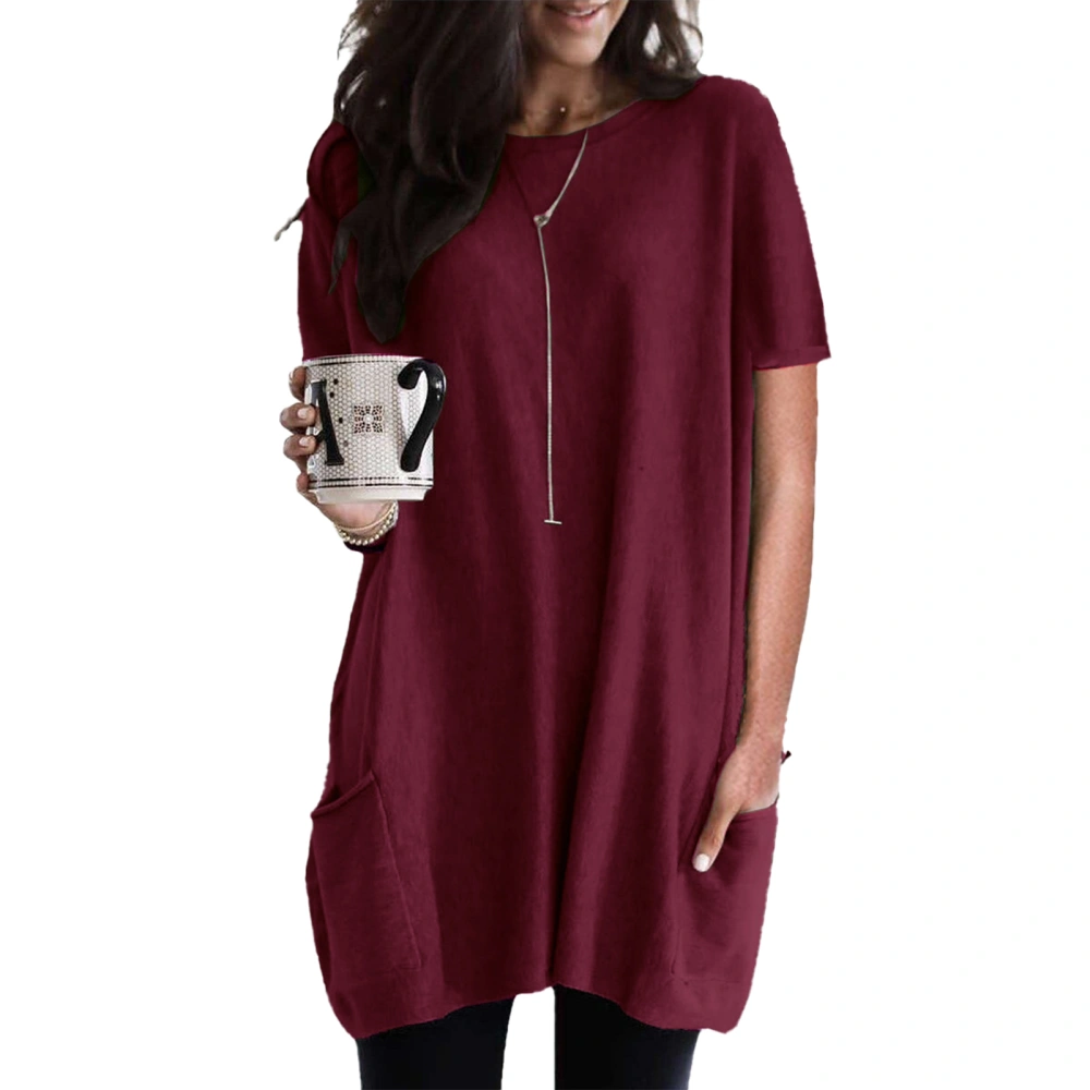 Women Long Top Loose Casual Short Sleeve Round Neck Long T Shirt with Pockets for Female Wine Red XXL