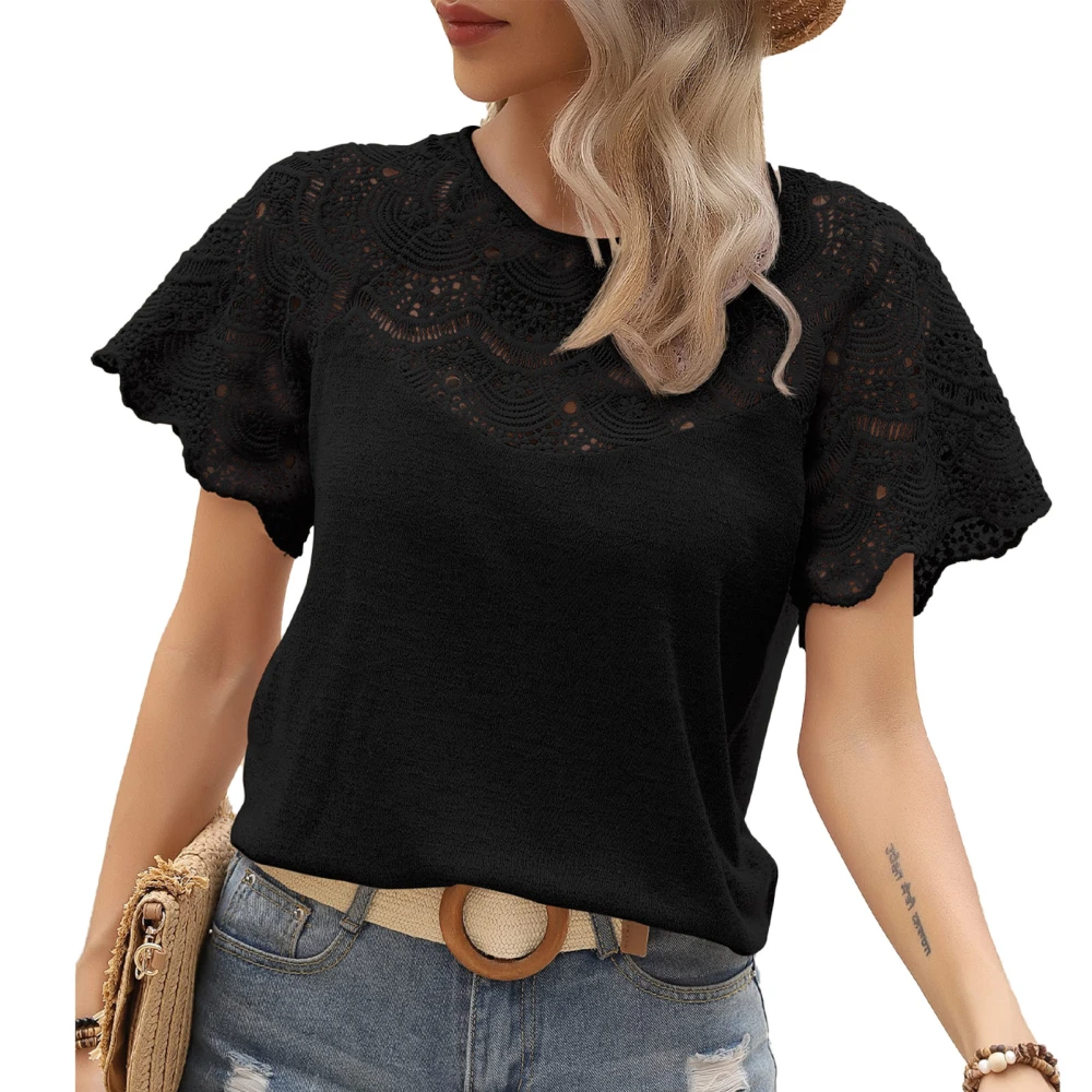 Women T Shirt Crew Neck Short Sleeves Pure Color Lace Stitching for Travel Outdoor Black S