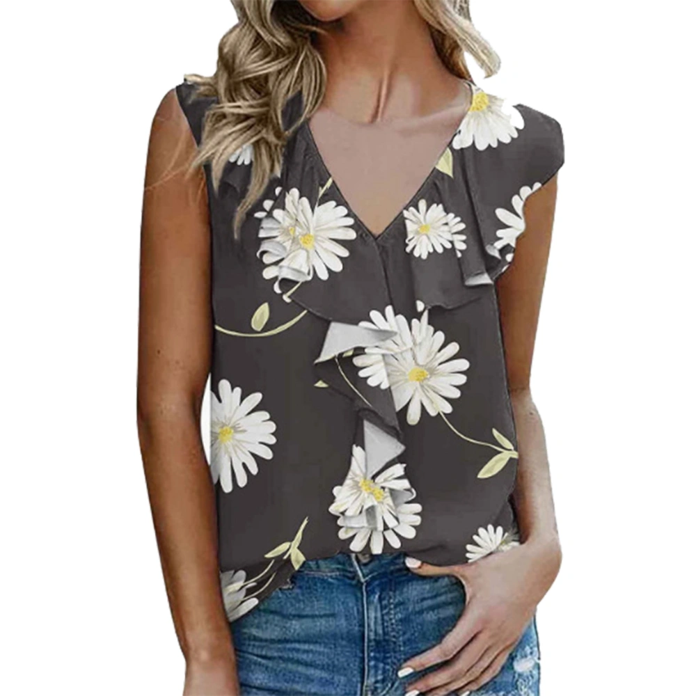 Frill Trim V Neck Tank Top Women Summer Elegant Loose Casual Floral Print Sleeveless Shirt Blouse Dark Grey S