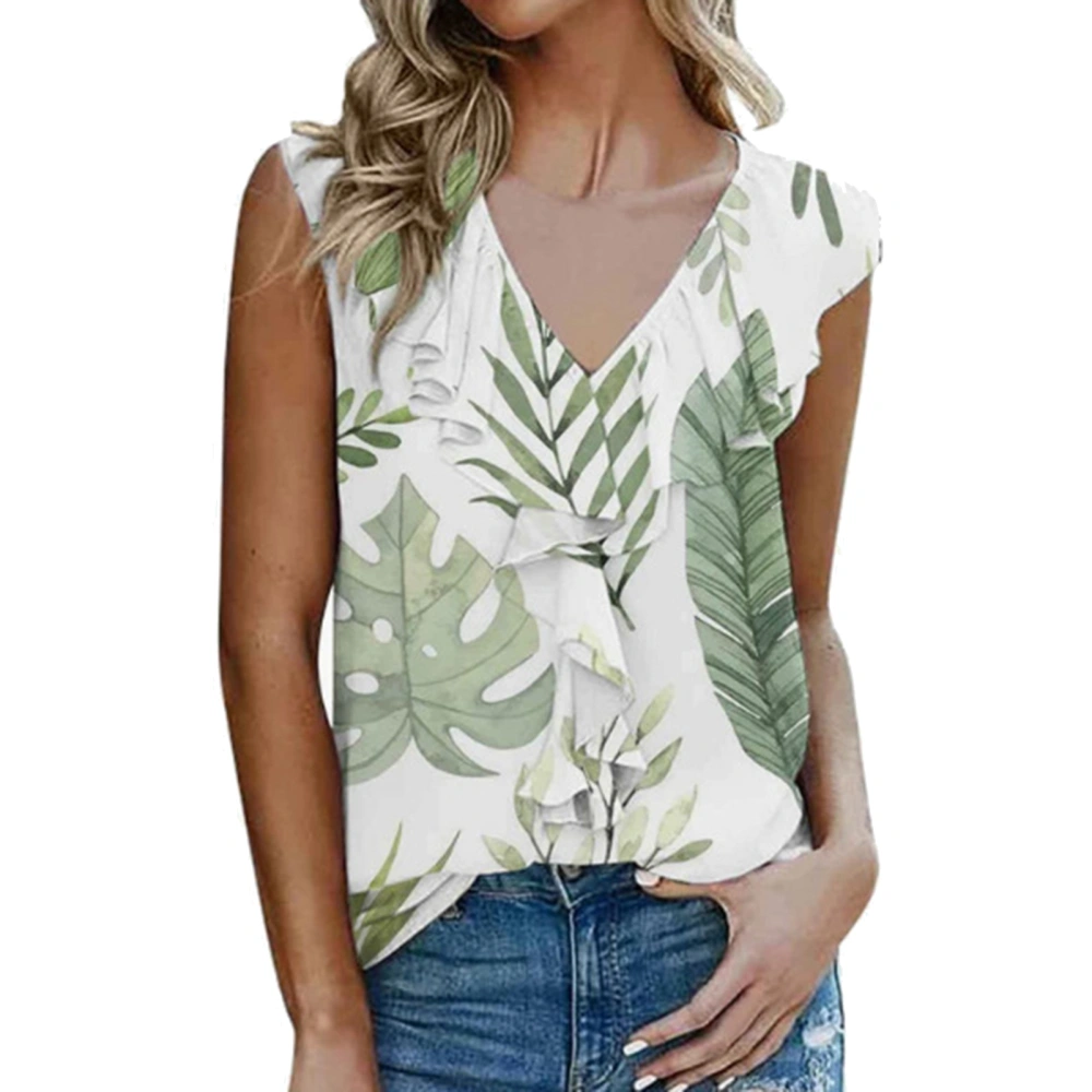 Frill Trim V Neck Tank Top Women Summer Elegant Loose Casual Floral Print Sleeveless Shirt Blouse Green Leaves M