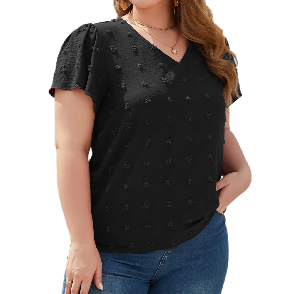 Women Plus Size T Shirt V Neck Jacquard Dot Ruffle Sleeve Casual Loose Fitting Summer Pullover Top Black 4XL